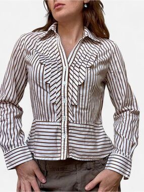 Jones NY Brown and white striped structured button down with ruffle detail